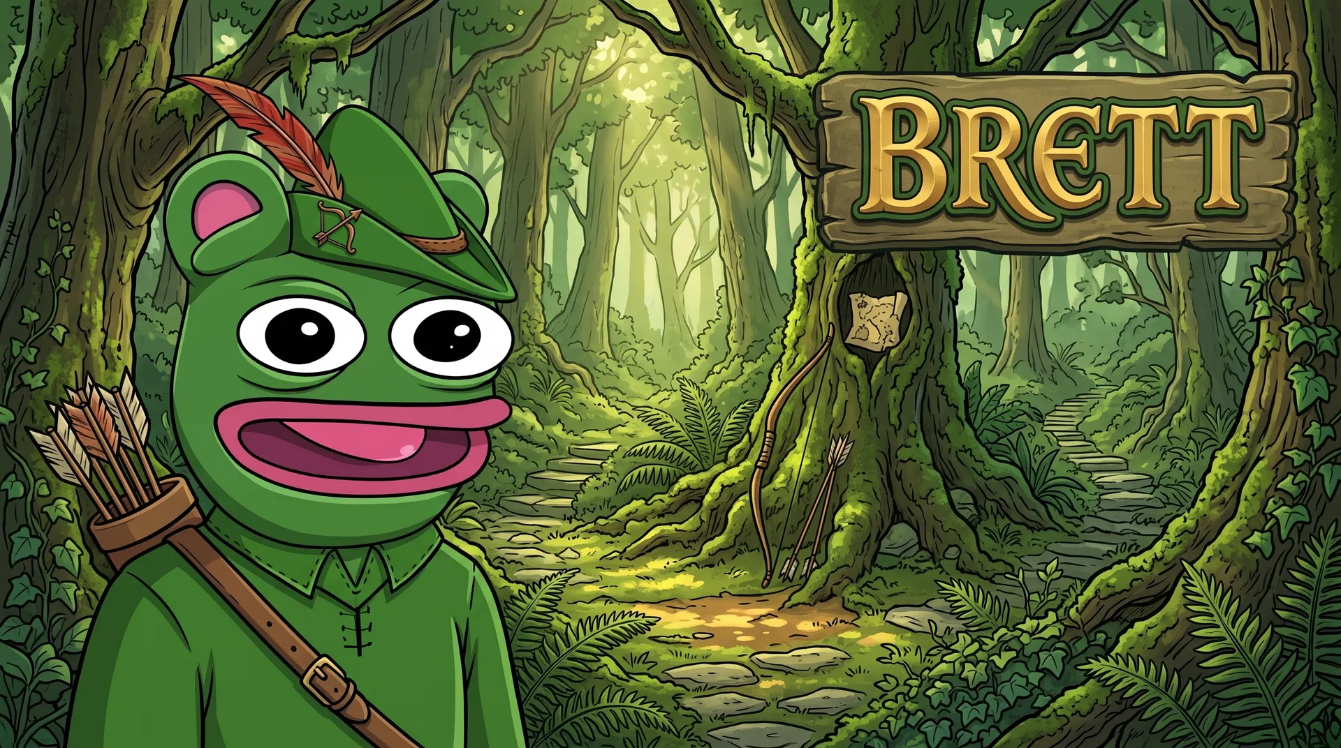 Brett as Robin Hood in a sunlit forest beside a wooden BRETT sign